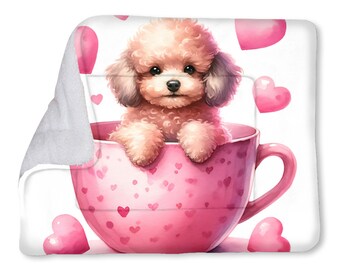 Pet warming pad (single-sided printing) | Flannel, cute puppy in a pink cup with pink hearts