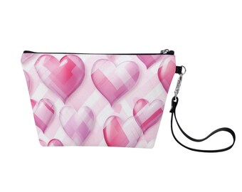 All-Over Print Makeup Bag Travel Toiletry Cosmetic pouch | Polyurethane leather, romantic pink hearts