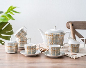 Keramik Kaffee Set | Keramik Teeset | Kreatives grau-braun kariertes Keramik Teeservice | Keramik Kaffeetasse mit Untertasse | Nachmittagstee-Set