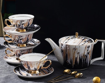 Creatieve houtnerf keramische koffieset | Keramieken koffiekop en schotel | Prachtig keramisch theeservies | Brits afternoon tea servies