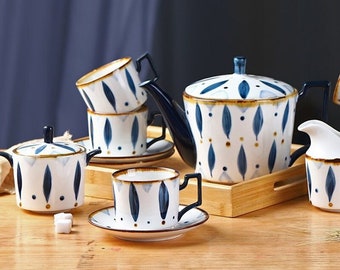 European ceramic coffee set | Hand-painted underglaze ceramic tea set | Afternoon tea set | Tea party tea set | Handmade tea set