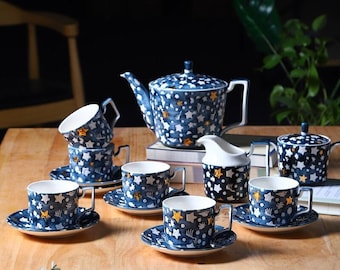 Service à thé britannique | Service à café en céramique peint à la main | Service à thé en céramique bleu ciel étoilé urbain créatif | Service à thé Tea Party