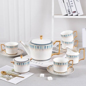 British afternoon tea set Ceramic coffee cup and saucer Ceramic tea set European ceramic coffee set Teapot Tea party tea set Blue