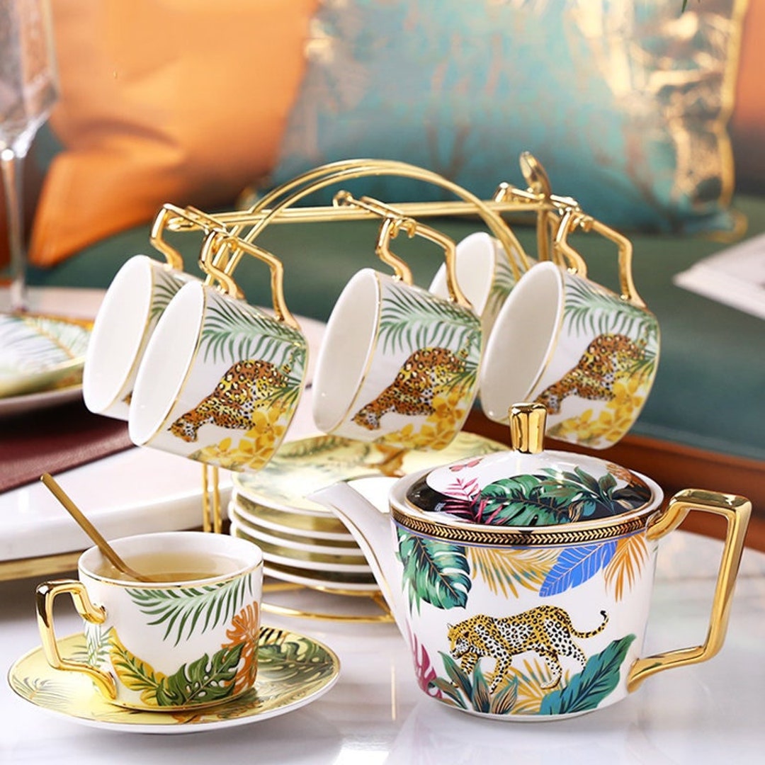 Handcrafted Ceramic Tea Set: Leopard Floral Coffee Cup and Saucer - Etsy