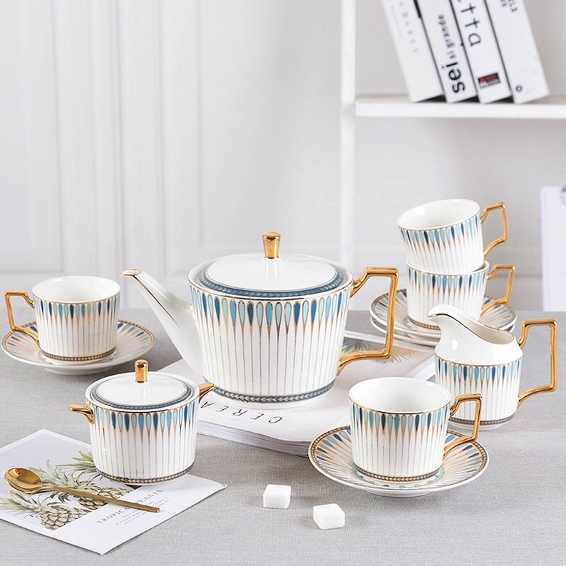 British afternoon tea set Ceramic coffee cup and saucer Ceramic tea set European ceramic coffee set Teapot Tea party tea set Blue