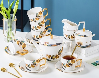 Europäisches Keramik Kaffeegedeck | Handgemachtes Keramik Tee-Set | Keramik Kaffeetasse und Untertasse Set | Nachmittagstee Set | Teeparty Tee-Set