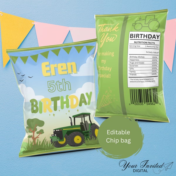 Tractor birthday chip bag labels | Tractor Chip bags template | Party Favors | Editable texts in canva
