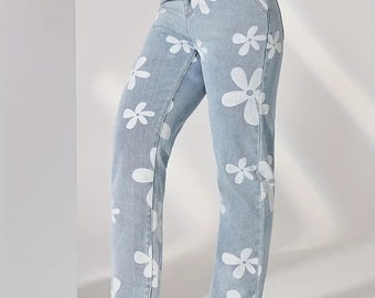 Süsse blumen Jeans con fascia elastica per le donne, pantaloni in denim lavabili con blumenmuster, pantaloni da donna in denim per le donne