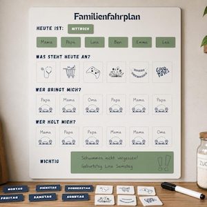 Puede incluir: Un tablero magnético rectangular blanco para la organización familiar titulado Familienfahrplan, con texto en azul oscuro y detalles en verde salvia. Incluye secciones para actividades, transporte y notas, junto con fichas magnéticas.