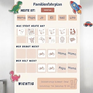 Puede incluir: Un planificador familiar rectangular con fondo claro, que presenta el texto Familienfahrplan, secciones para actividades diarias, planes de transporte y notas importantes, decorado con imanes de dinosaurios y cohetes.