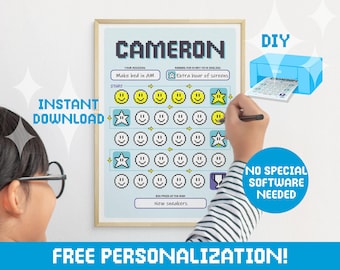 May include: A printable blue and yellow chore chart with the name Cameron at the top. The chart has a grid of smiley faces and stars. The reward for completing the chart is "New sneakers".