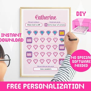 Belohnungstabelle für Kinder / Belohnungstabelle Prinzessin / Zieltafel zum Ausdrucken / Tabelle mit bedruckbaren Aufklebern / Personalisieren Sie mit Name - Rosa, Lila und A4-Größe!