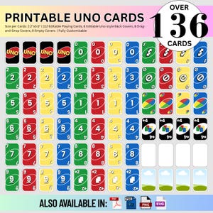 Carte UNO stampabili, 136 carte da gioco fai da te, gioco di carte UNO, gioco di carte per famiglie, carte da gioco UNO, modello di gioco UNO, carte da gioco personalizzate