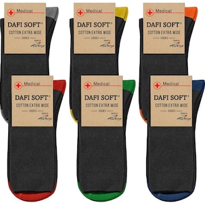 May include: Six pairs of black medical socks with coloured trim. The socks are labelled "DAFI SOFT" and "COTTON EXTRA WIDE".