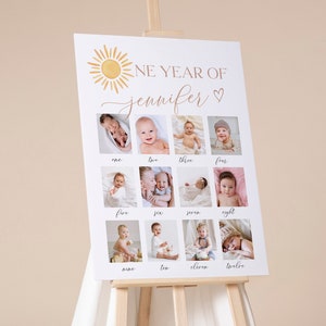 Plantilla de póster con foto del primer año del bebé para imprimir con texto en inglés "Sun", arte mural con foto de 12 meses con texto en inglés "Sun", letrero con collage de fotos del primer cumpleaños con texto en inglés "Sun"