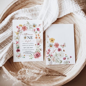 &quot;Kleines Fräulein ONEderful erste Geburtstagseinladung Muted Blush Boho Wildblumen Gartenparty einladen Sofort-Download, #SKD3