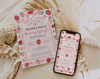 Strawberry First Birthday Invitation, Editable Template (Digital Download)