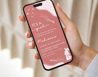 Szablon zaproszenia na baby shower z różową kokardką: elegancki, do druku (plik cyfrowy)