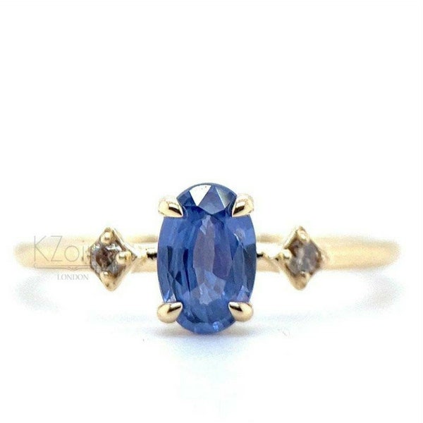 Dazzling Blue Sapphire 18k Yellow Gold Ring with Champagne Diamond Accent | KZ-6001