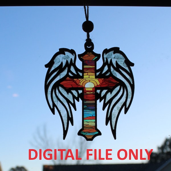 DIGITAL FILE ONLY - Cross With Wings Sun Catcher - svg - png - pdf - Laser File - Ready to Cut