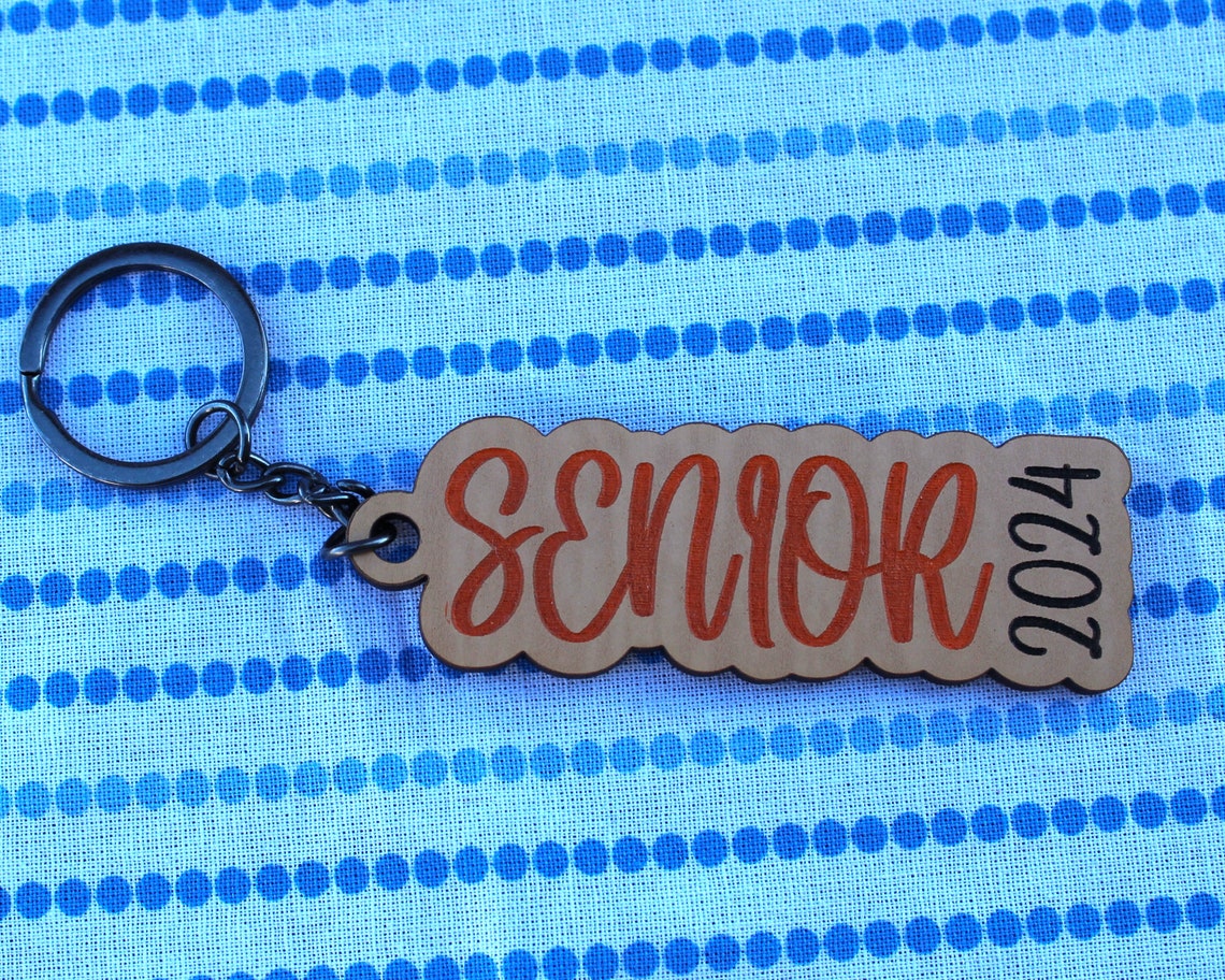 Keychain Cursive CURSIVE Text Senior Keychain | Wooden | School Colors | Graduation Gift ...