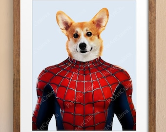 Spiderman Pet Portrait From Photo, Custom Dog Portrait, Spiderman Cat Print, Superhero Dog, Family Pet Gift, D15