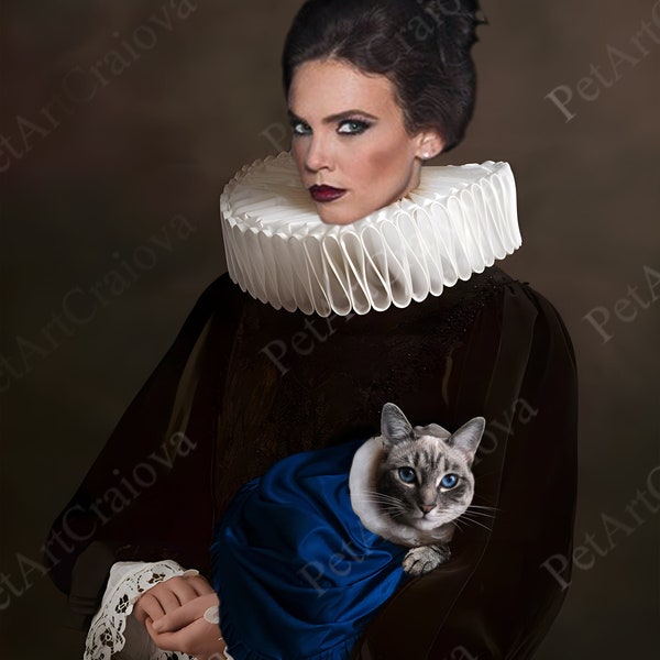 Pet And Owner Portrait Renaissance Flemish Style, Custom Cat And Dog Old Painting, Pet With Owner Print, Cat With Victorian Ruff Collar