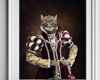 Queen Pet Portrait From Photo, Royal Red Dress Cat, Custom Dog Portrait, Cat With Crown, Pet Owner Gift, Classic Pet Portrait, Pet Art