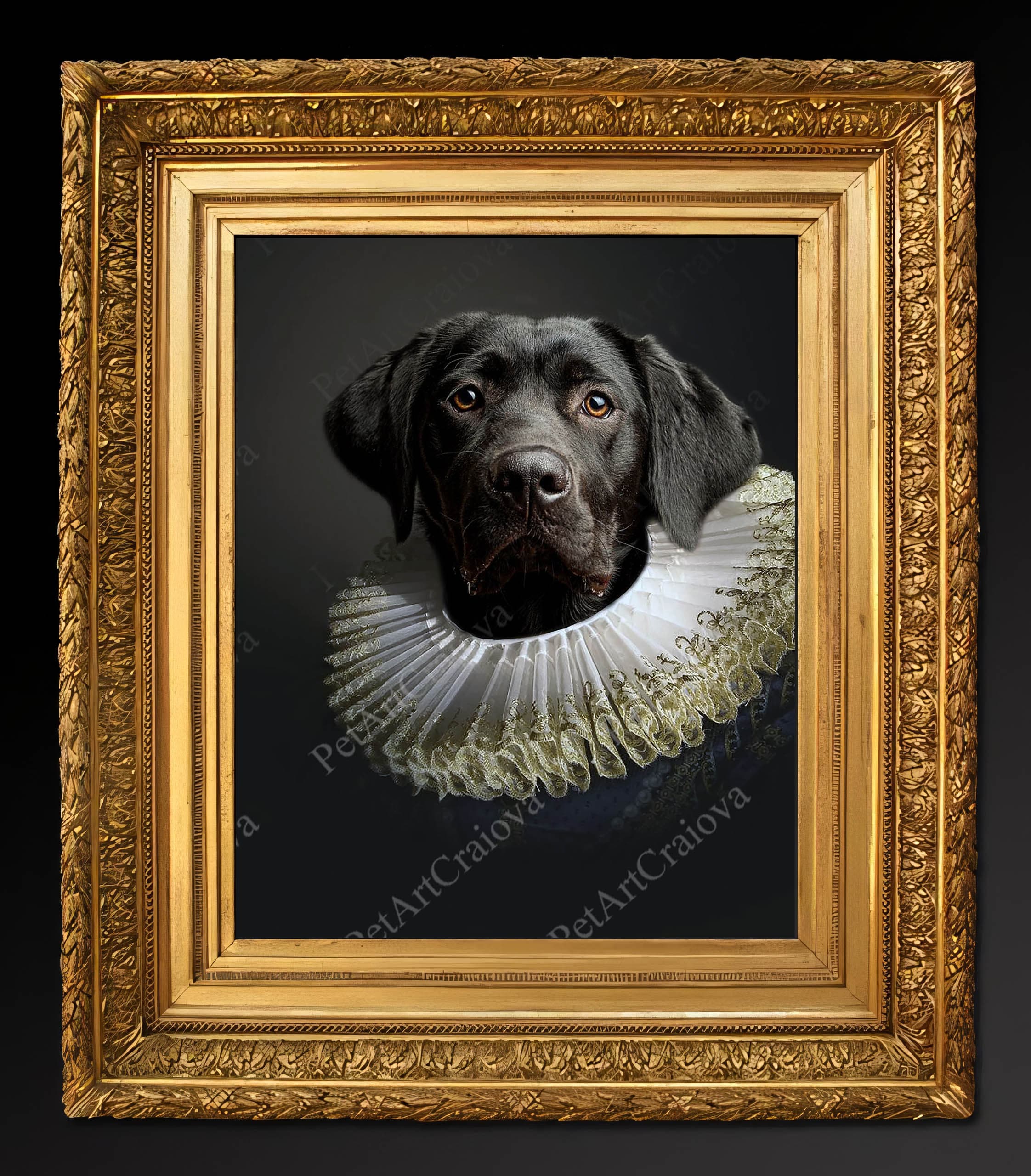 Black Labrador With Ruff Collar, Custom Royal Dog Portrait From