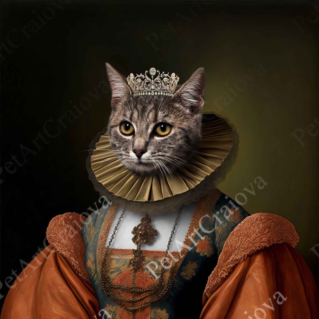 Queen Cat in Royal Dress With Ruff Collar and Crown, Dog Vintage Old ...