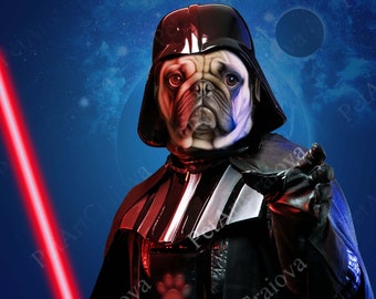 Pug Dog Star Wars Darth Vader Custom Portrait From Photo, Personalized Cat Painting, Star Wars Superhero Pet Art Print, D11