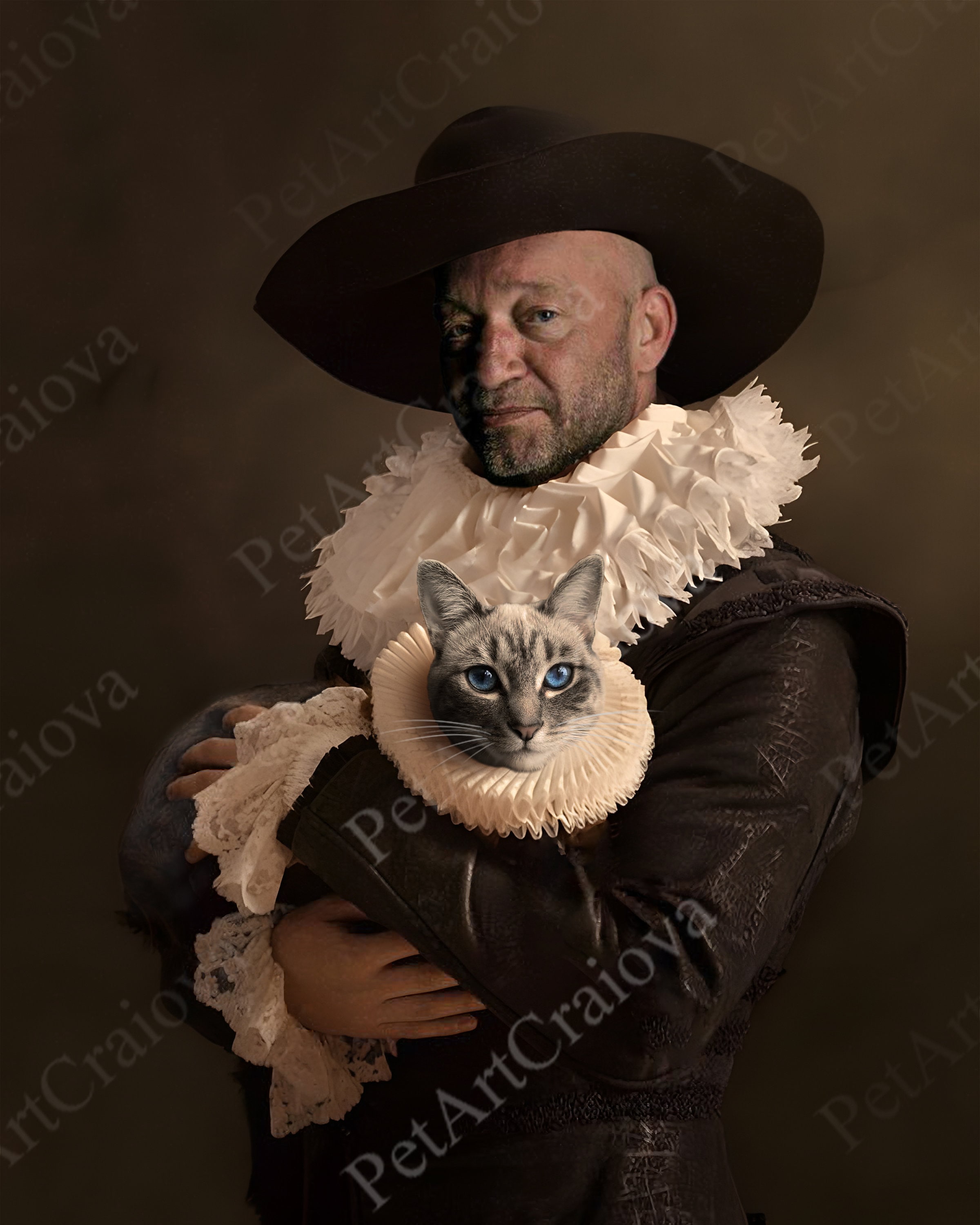 Pet And Owner Portrait Renaissance Flemish Style, Custom Cat And Dog Old Painting, Pet Portrait Print, Cat With Victorian Ruff Collar