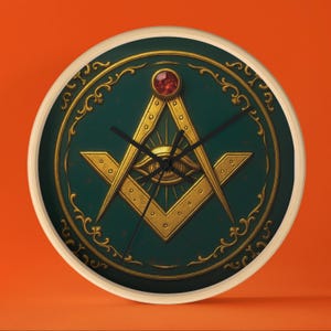 green masonic wall clock freemason decor square and compass all seeing eye symbol golden emblem lodge office gift timeless esoteric art gift