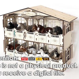 Mensola da parete per cavalli tagliata al laser in formato PDF Ai Dxf Eps, con 10 grandi box per cavalli e accessori, file digitale, modello