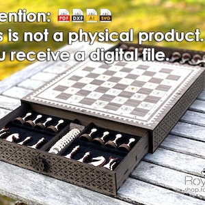 Prachtige tweekleurige schaakstukken, schaakbord met schuifmechanisme, lasergesneden bestand Pdf Ai Svg Dxf digitaal snijpatroon schaakset