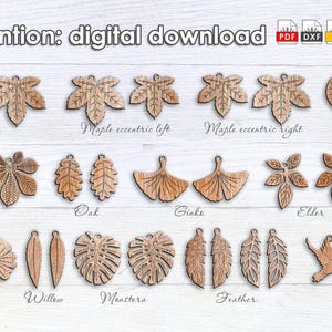 Belles boucles d'oreilles feuilles européennes et américaines - fichier découpé au laser Pdf Ai Dxf Svg - Bonus : colombe et plume