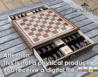 Schaakset voor 3 & 4 mm hout en fineer, Lasergesneden digitaal bestand Pdf Ai Dxf Eps naaipatroon digitaal model schaakbord, schaakstukken