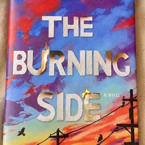 May include: A book cover titled The Burning Side by Sarah Damoff. The background features a vibrant sunset with purple, blue, orange, and red clouds. Silhouettes of utility poles and birds are at the bottom. The title letters appear to be burning.