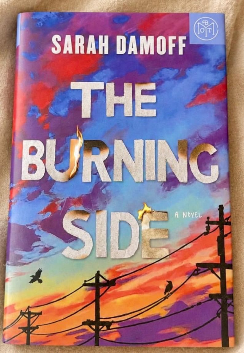 May include: A book cover titled The Burning Side by Sarah Damoff. The background features a vibrant sunset with purple, blue, orange, and red clouds. Silhouettes of utility poles and birds are at the bottom. The title letters appear to be burning.