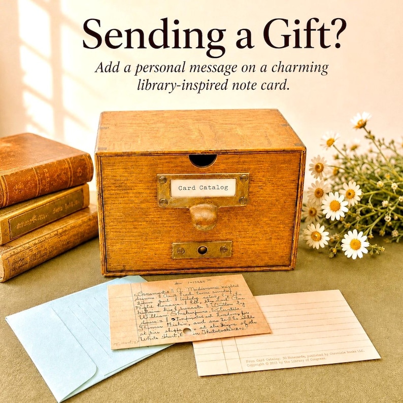 May include: A wooden card catalog drawer with a brass pull and label holder reading Card Catalog. Beside it are three stacked books, a light blue envelope, a handwritten index card, a lined note card, and a bouquet of white daisies.