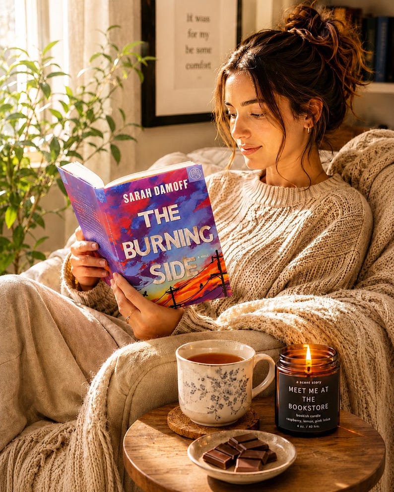 May include: A paperback book titled The Burning Side by Sarah Damoff with a colourful sunset cover, a ceramic mug with blue floral patterns, a lit amber glass candle labelled Meet Me At The Bookstore, and a small plate with chocolate squares.