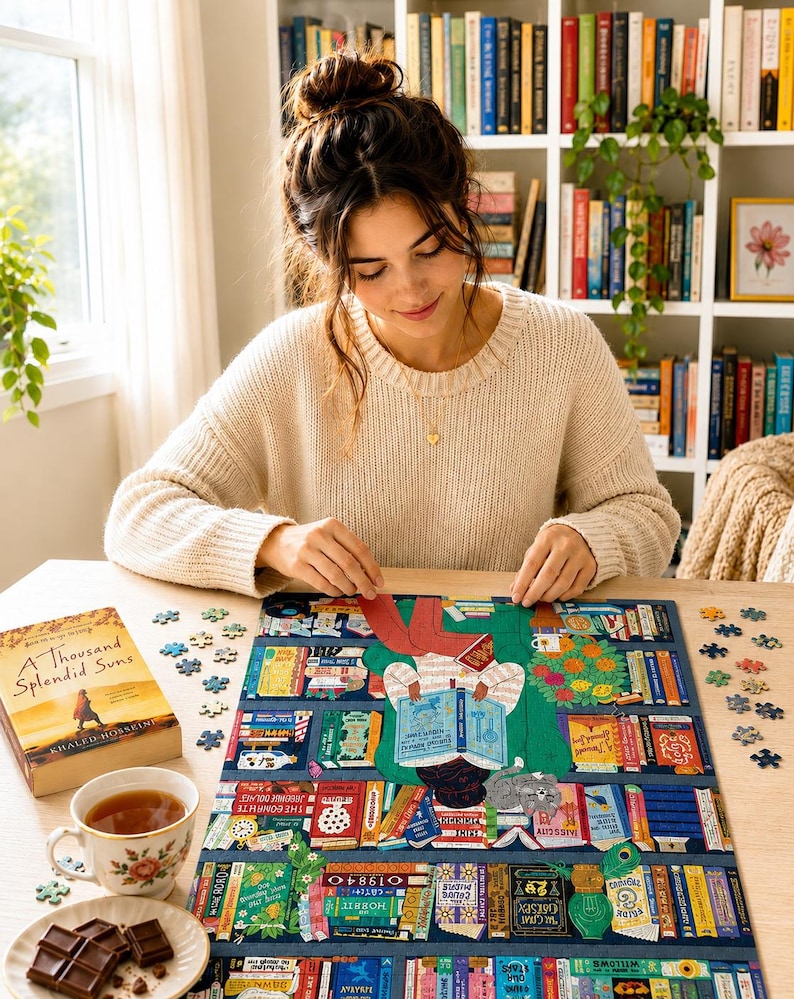 May include: A jigsaw puzzle featuring a colorful illustration of a person reading in a library, placed on a wooden table next to a copy of the book A Thousand Splendid Suns, a floral teacup filled with tea, and a small plate with chocolate squares.