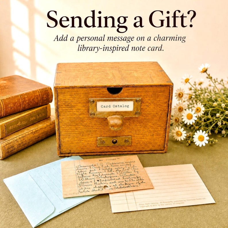May include: A wooden card catalogue drawer with a brass pull and label holder reading Card Catalog. Beside it are three stacked books, a light blue envelope, a handwritten index card, a lined note card, and a bouquet of white daisies.