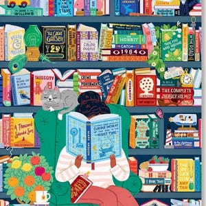May include: A colorful illustration of a person sitting in a green armchair reading a book titled The Curious Incident of the Dog in the Night-Time. The scene features shelves filled with various books, a gray cat, a lemon tree, and a record player.