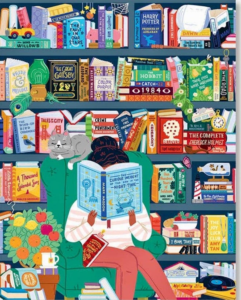 May include: A colorful illustration of a person sitting in a green armchair reading a book titled The Curious Incident of the Dog in the Night-Time. The scene features shelves filled with various books, a gray cat, a lemon tree, and a record player.