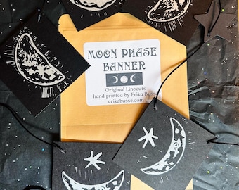 Handmade Linocut Moon Phase Banner - Vintage Style Garland with 5 Star Designs, Pre-Strung Black Rope, Ready to Hang Wall Decor