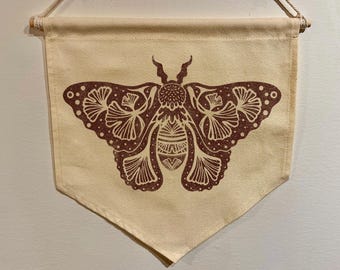 Ginkgo Floral Moth Folk Art | Cottagecore Botanical Canvas Wall Banner