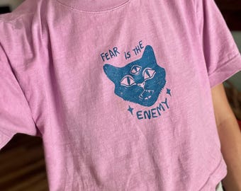 Fear Is The Enemy - Cat and Pink Boxy Crop Top | Feminist Graphic Tee