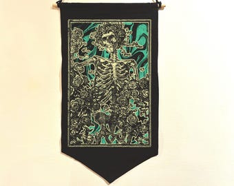 Dark Academia Skeleton Wall Banner - Grateful Dead Bertha Canvas Pennant with Wood Rod, Moody Vintage Marble Tapestry Decor