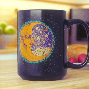 Man in The Moon Black 15 oz Mug, Vintage Moon Mug, Boho Art Mug, Moon Lover Gift, Celestial Art Mug
